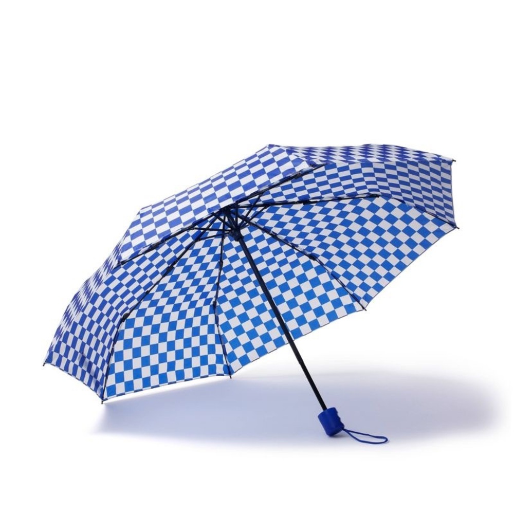 NWT Travel Compact Umbrella Bullseye's Playground Blue/White Checkered Umbrella